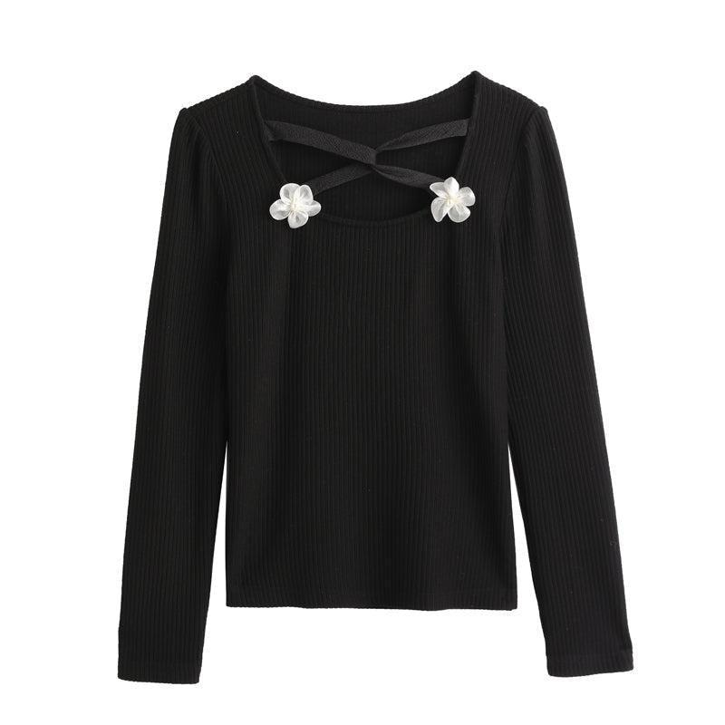 Neckline Cross Flowers Knit Top WNW1245