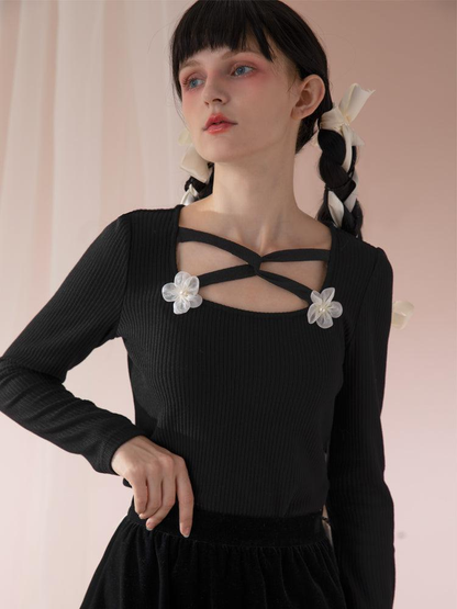 Neckline Cross Flowers Knit Top WNW1245