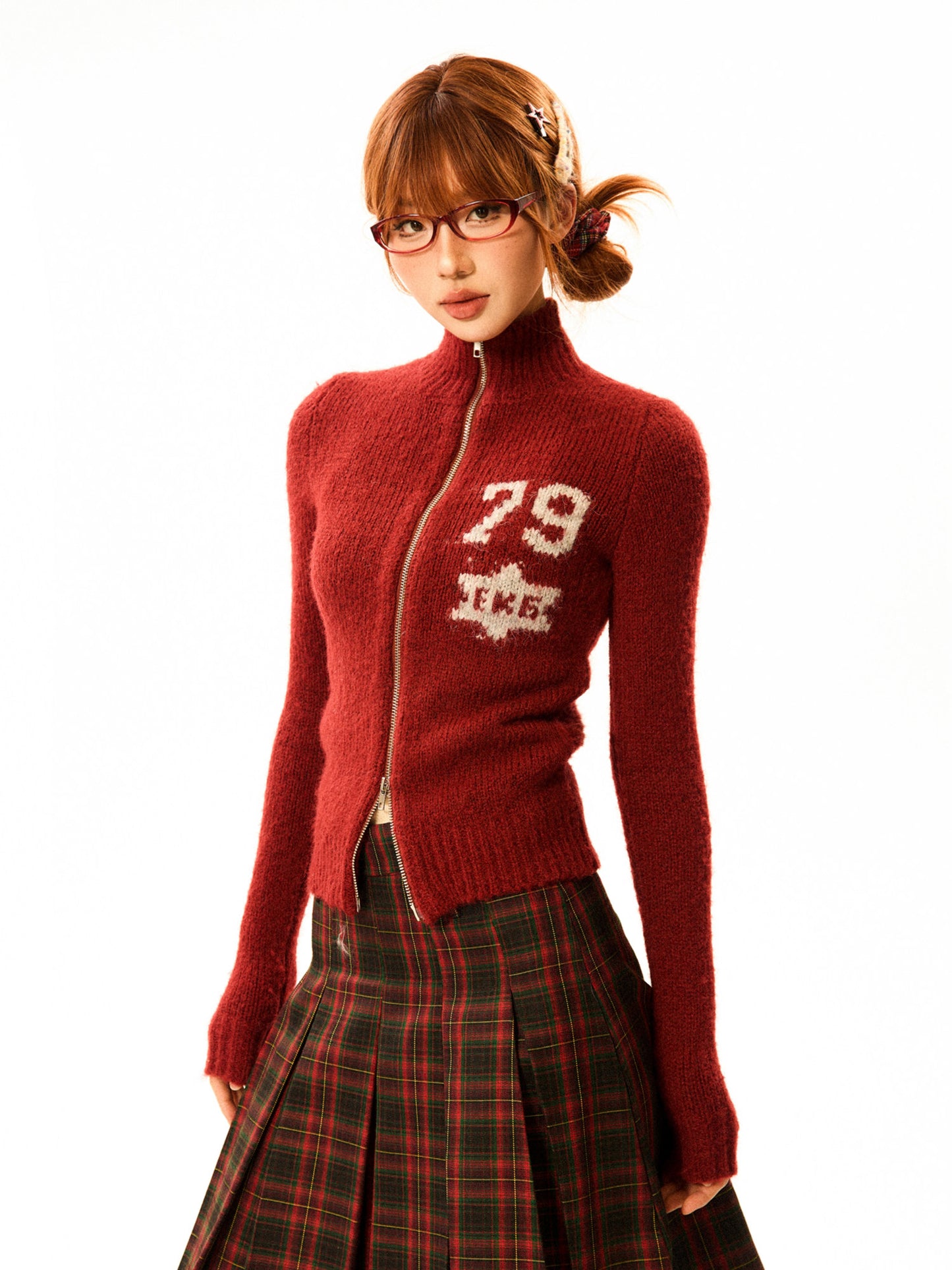 Number Patch Knit Zipper Stand Neck Cardigan NA9359