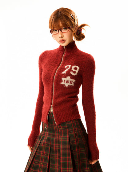 Number Patch Knit Zipper Stand Neck Cardigan NA9359