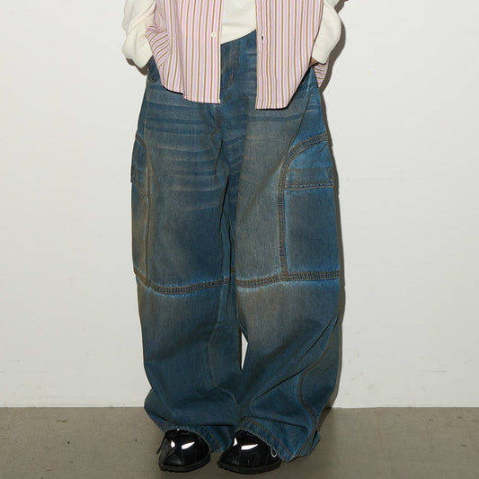 Washed Panel Strap Detail Wide Leg Denim Jeans NA9123