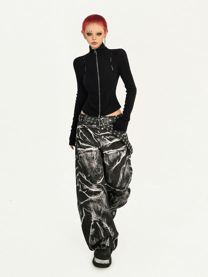 Ripple Pattern Design Wide Leg Denim Jeans NA8593