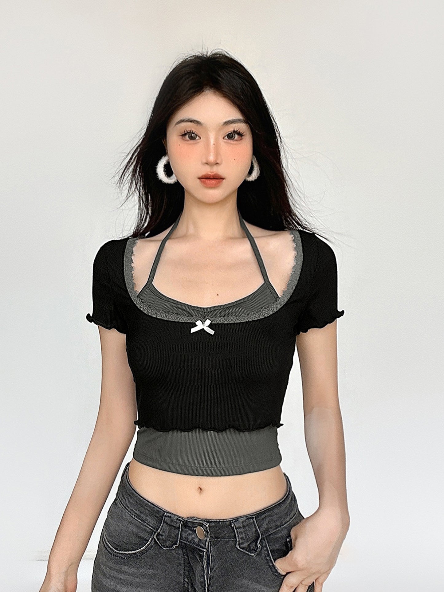 Lace Fake Layered Hanging Neck Short Sleeve T-shirt NA4507