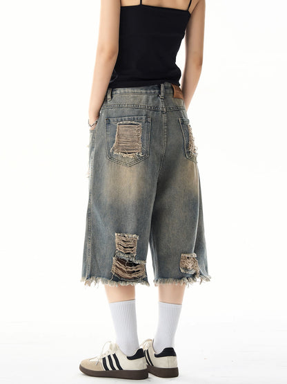 Damaged Wide Leg Denim Shorts NA3186