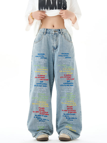 Embroidery Wide-Leg Straight Denim Jeans NA3042