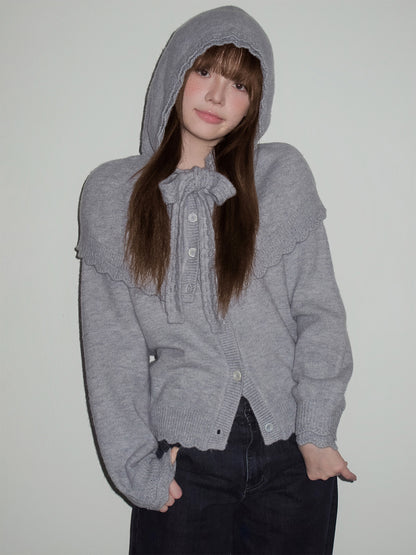 Ruffled Collar and Bow Detail Knit Cardigan NA8824