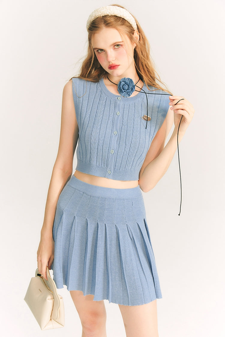 Button Knit Vest & Knit Pleated Skirt Setup NA5878