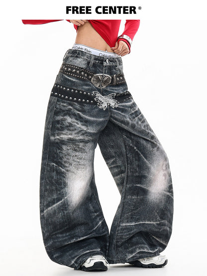 Butterfly Double Waistband 3D Print Wide Leg Denim Jeans NA8875