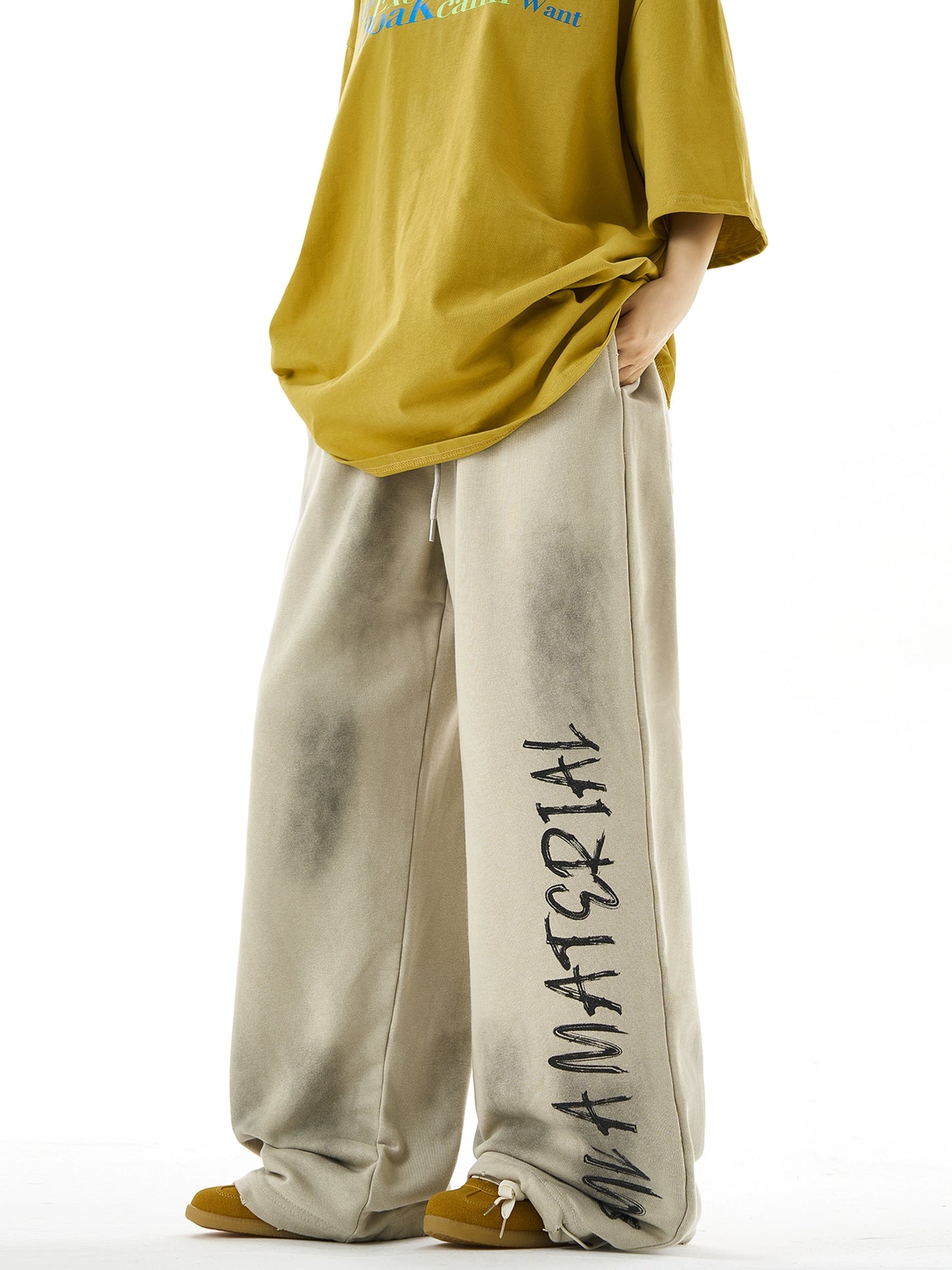 Washed Letter Print Wide Leg Sweatpants NA3074