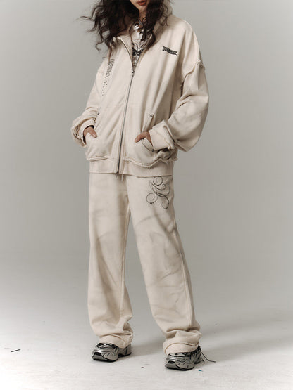 Washed Damage Oversize Zipper Hoodie & Wide Leg Pants Setup NA8913
