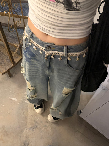 Washed Damage Wide Leg Shell Decoration Denim Jeans NA9258