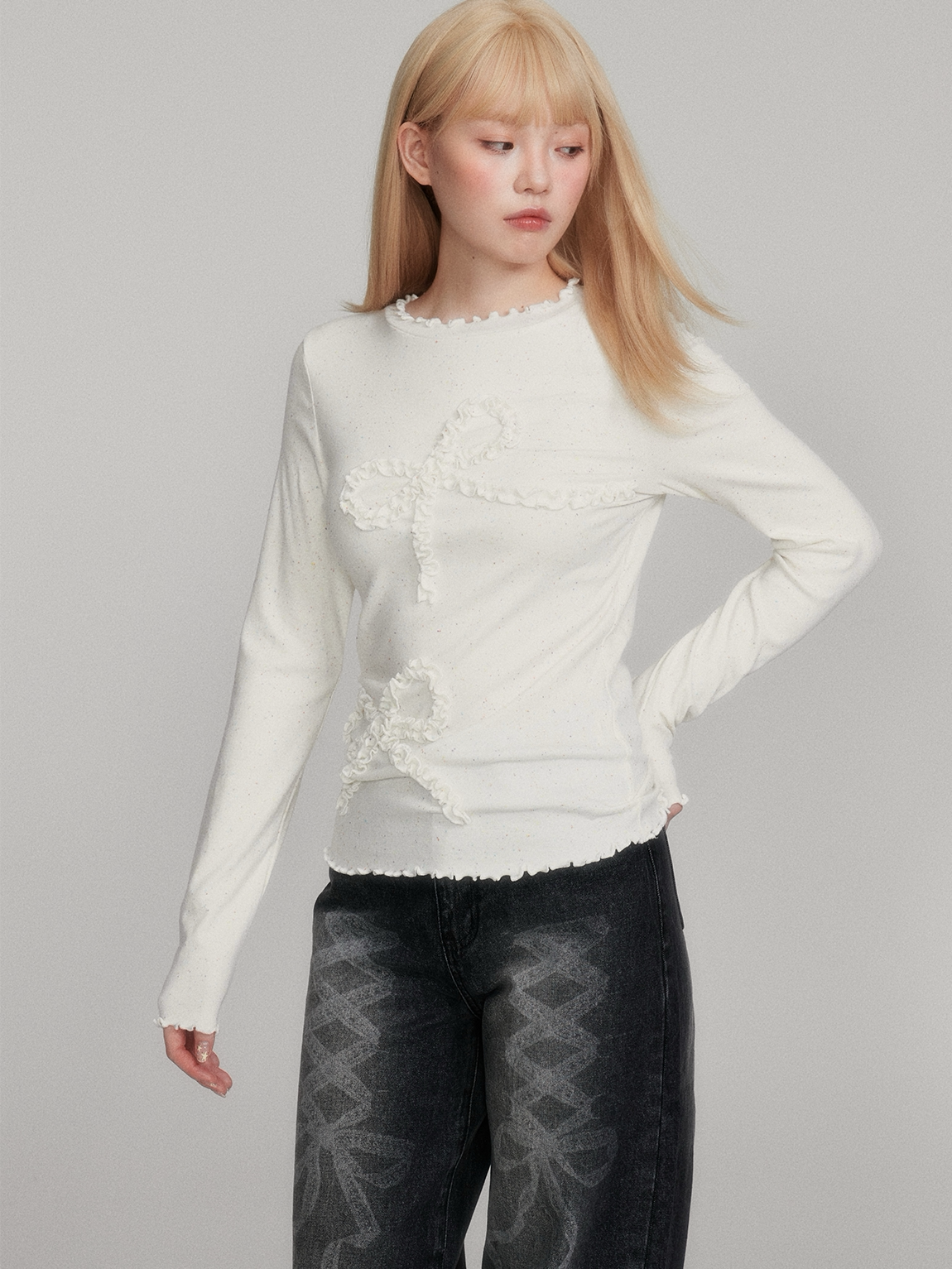 Dot Pattern Bow Lyocell Thermal Long Sleeve T-Shirt NA8781