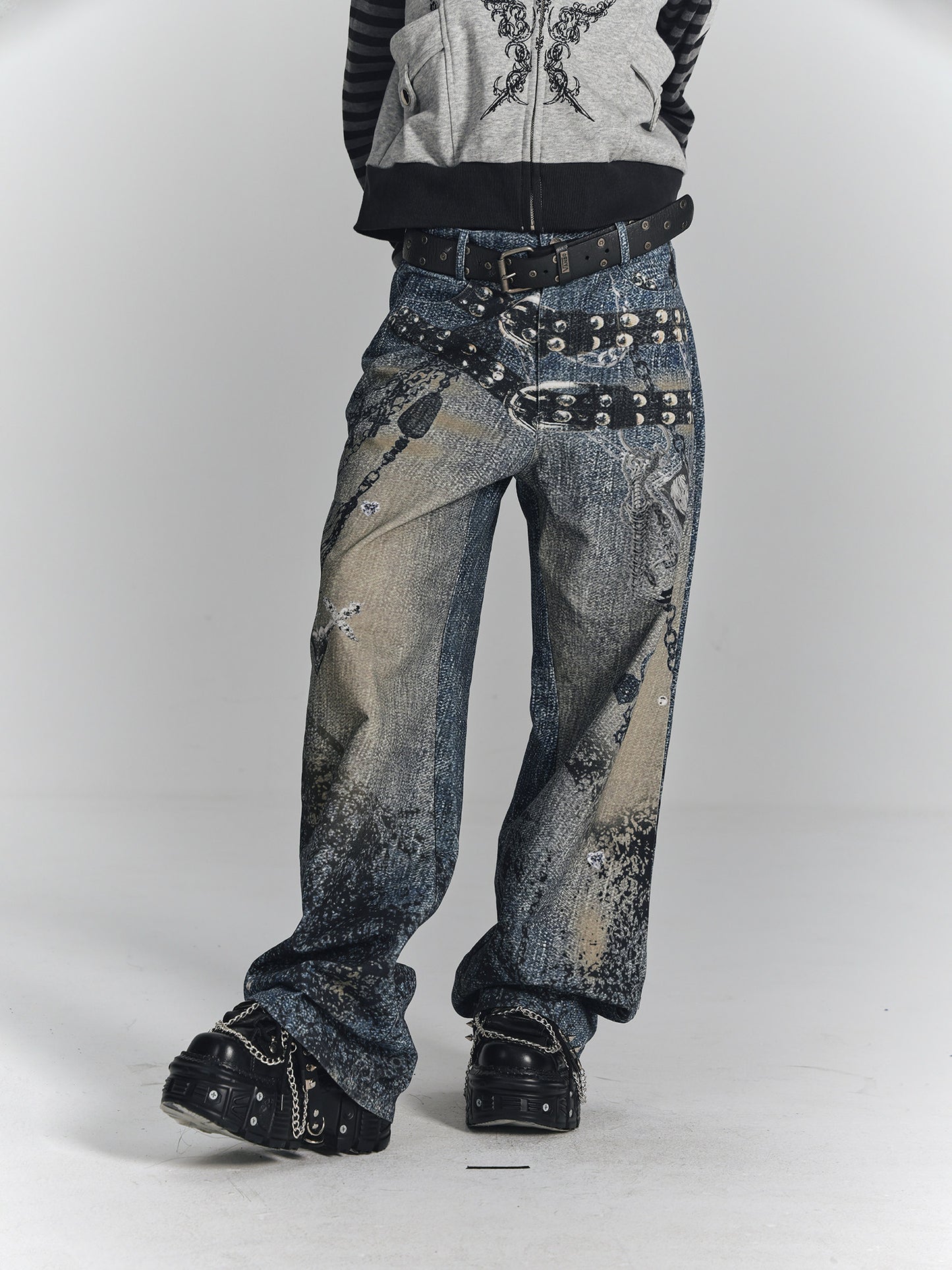 Chain Design Wide Leg Straight Denim Jeans NA8896