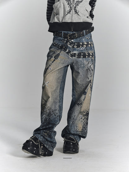 Chain Design Wide Leg Straight Denim Jeans NA8896