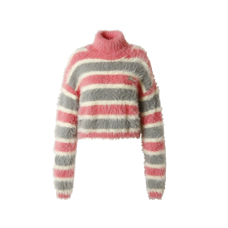 Cropped Striped Stand Neck Furry Knit Sweater NA5657