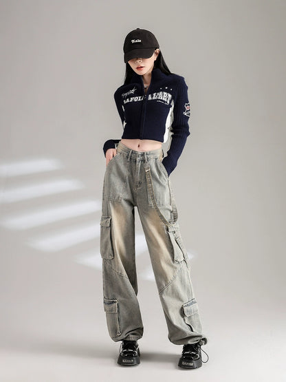 Workwear Wide-Leg Straight Cargo Denim Jeans NA3197