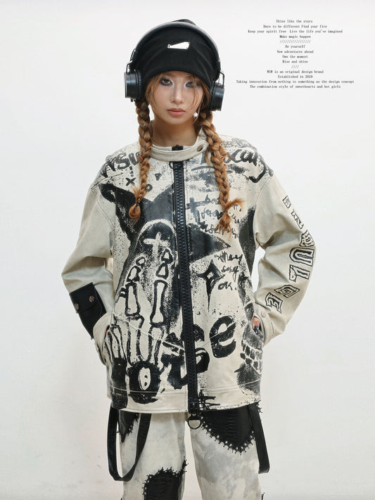 Damage Print Thick PU Leather Jacket NA8556