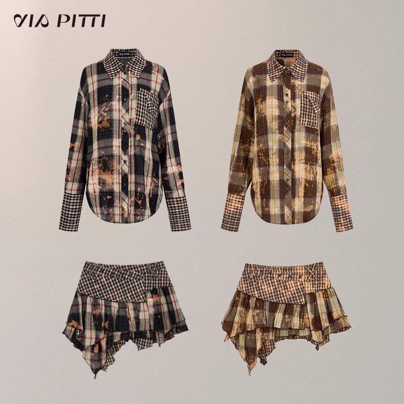 Patchwork Plaid Shirt & Patchwork Plaid Skirt Setup NA4721