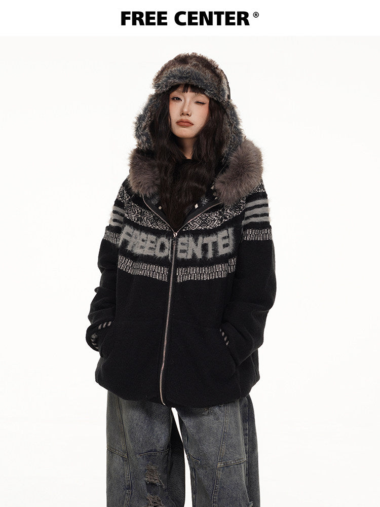 Fair Isle Hooded Detachable Fur Collar Knit Cardigan NA8870