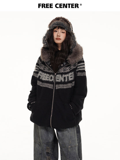 Fair Isle Hooded Detachable Fur Collar Knit Cardigan NA8870