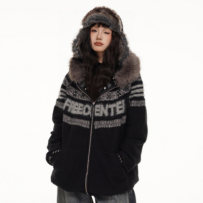 Fair Isle Hooded Detachable Fur Collar Knit Cardigan NA8870