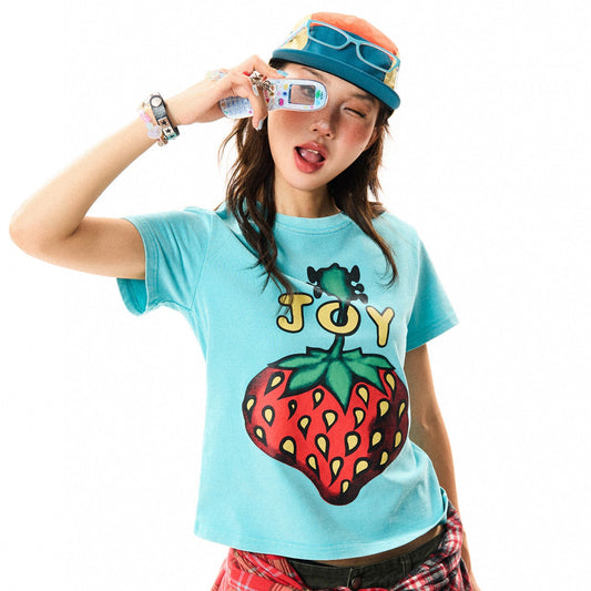 Strawberry Print Cropped Short Sleeve T-Shirt NA9326