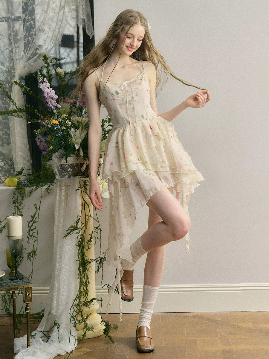 Irregular Hem Length Rose Print Hanging Neck Strap Dress NA5929