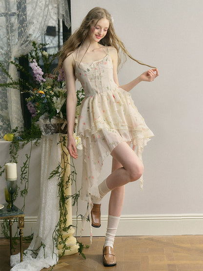 Irregular Hem Length Rose Print Hanging Neck Strap Dress NA5929