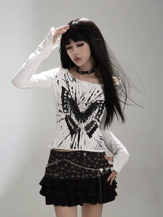 Butterfly Ink Print Long Sleeve T-Shirt NA6120