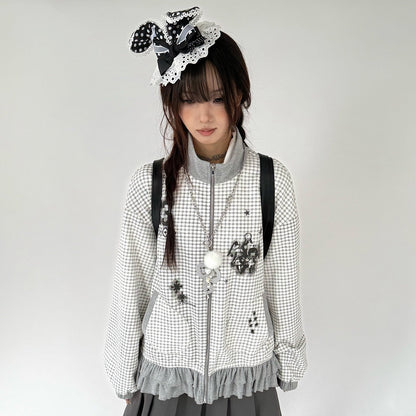Checkered Ruffle Hem Oversize Zipper Hoodie NA9278