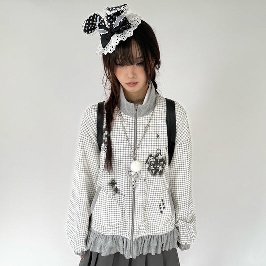 Checkered Ruffle Hem Oversize Zipper Hoodie NA9278