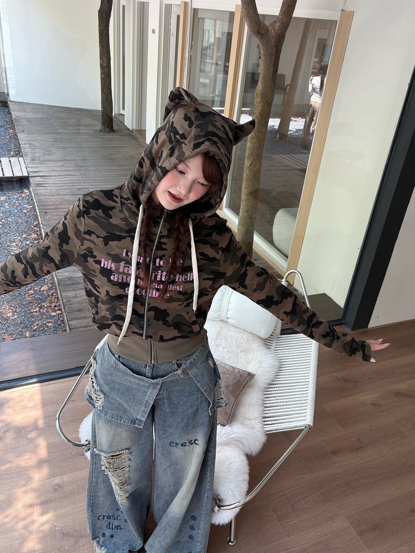 Devil Horn Hooded Print Zipper Hoodie NA9254