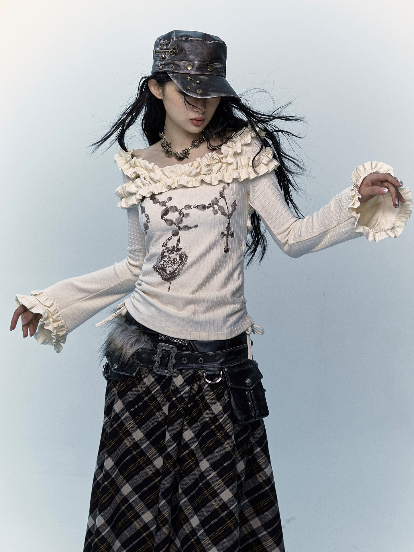 Ruffle Print Flare Sleeve Long Sleeve T-Shirt NA8983