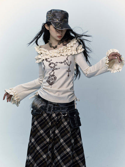 Ruffle Print Flare Sleeve Long Sleeve T-Shirt NA8983