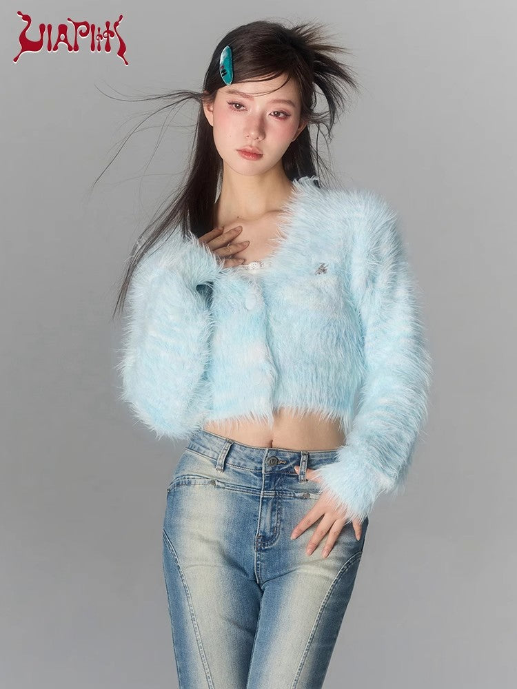 Cropped Furry Knit V-neck Cardigan NA4808