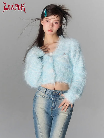 Cropped Furry Knit V-neck Cardigan NA4808