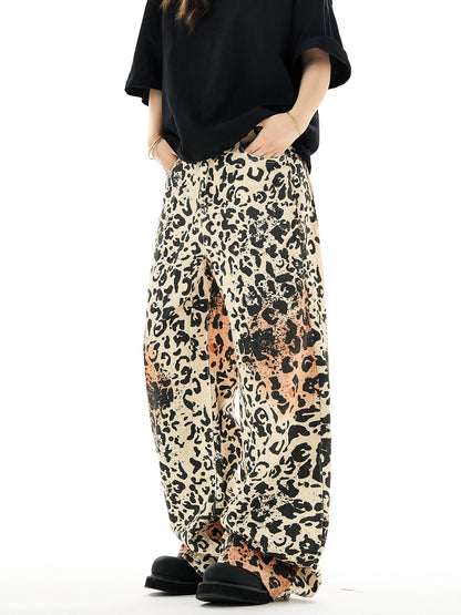 Leopard Print Wide-Leg Straight Denim Jeans NA3131