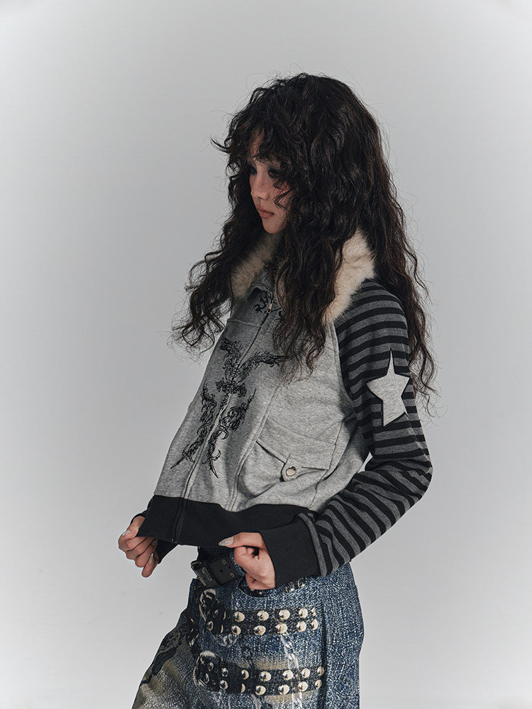 Fur Collar Patchwork Oversize Zipper Hoodie NA8899