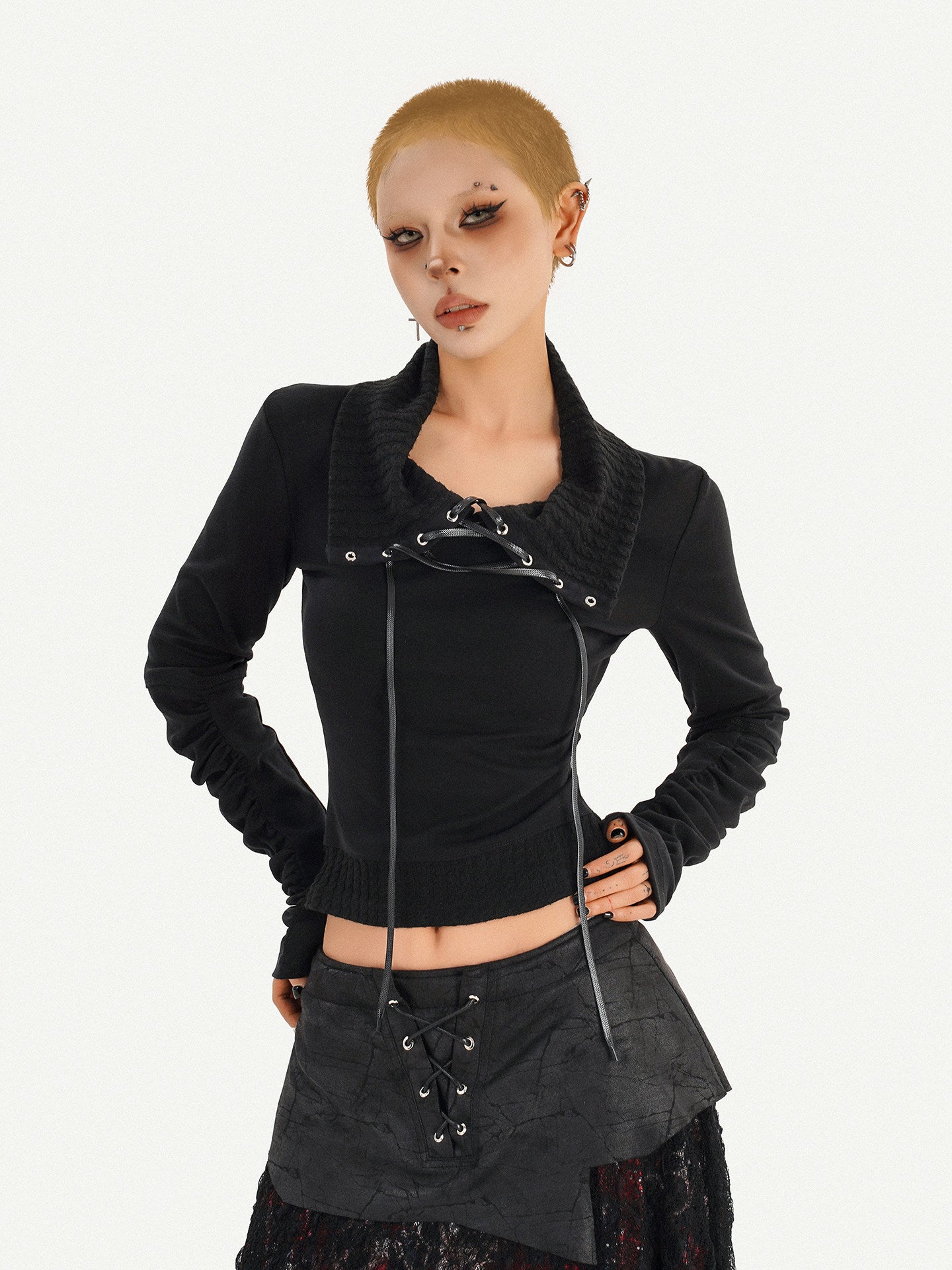 Lace Patchwork Tie Long Knit Long Sleeve T-Shirt NA8591