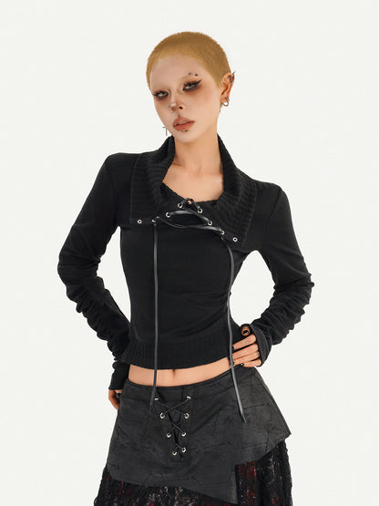 Lace Patchwork Tie Long Knit Long Sleeve T-Shirt NA8591