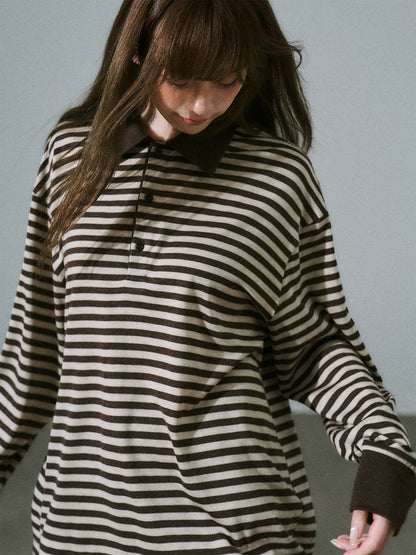 Brown Striped Long Sleeve Polo-Shirt NA8813