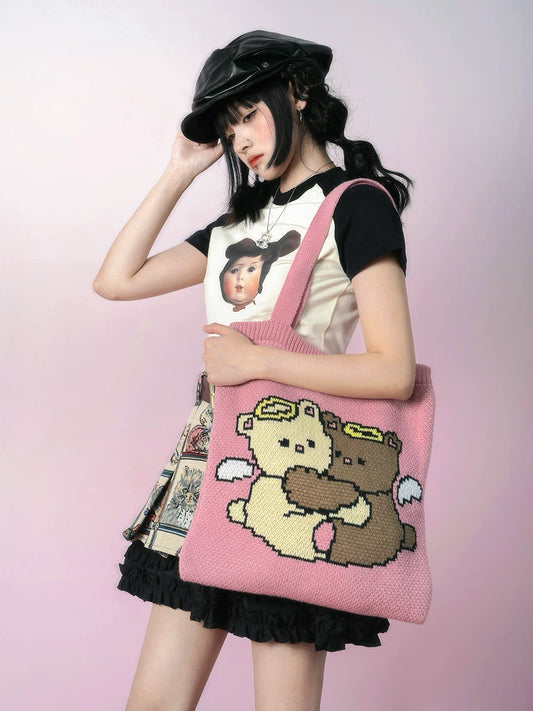 Angel Bear Jacquard Knit Tote Bag NA8274