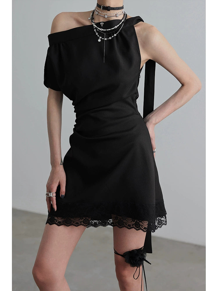 Asymmetric Shoulder Lace Up Dress NA4209