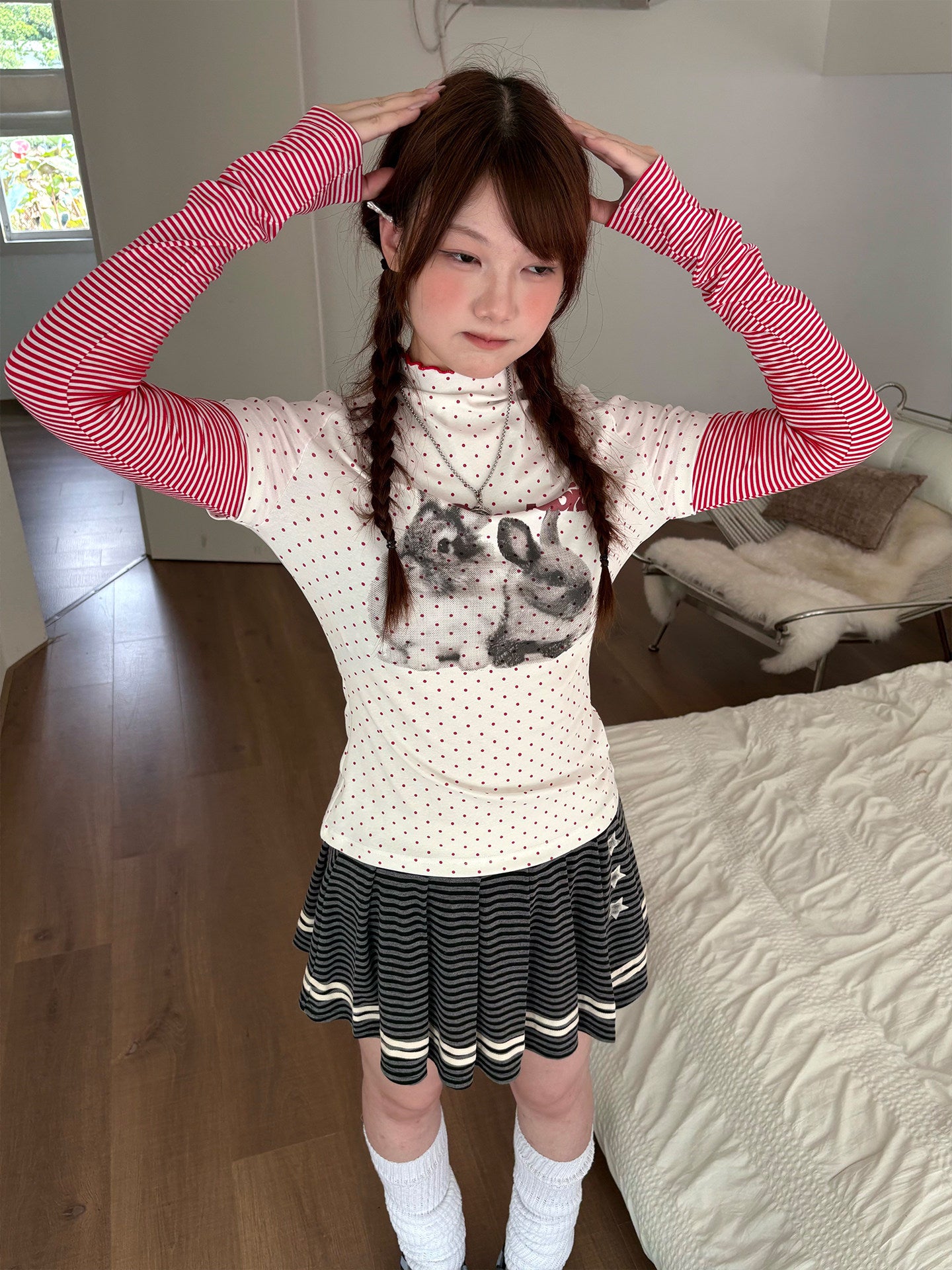 Star Print Pleated Striped Short Skirt NA9276
