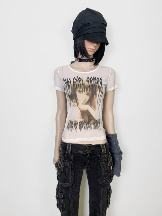 Original Gothic Anime Print Mesh Short Sleeve T-Shirt NA7622