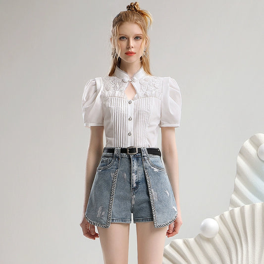 Floral Pleated Stand Neck Short Sleeve Blouse  NA5468