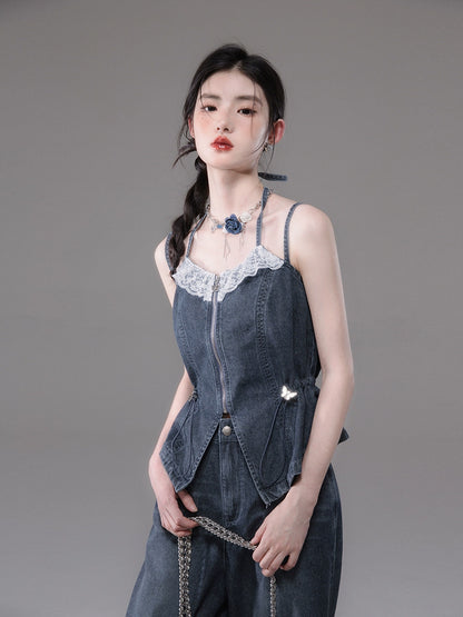 Double Strap V-neck Lace Denim Camisole & Wide-Leg Straight Denim Jeans Setup NA5527