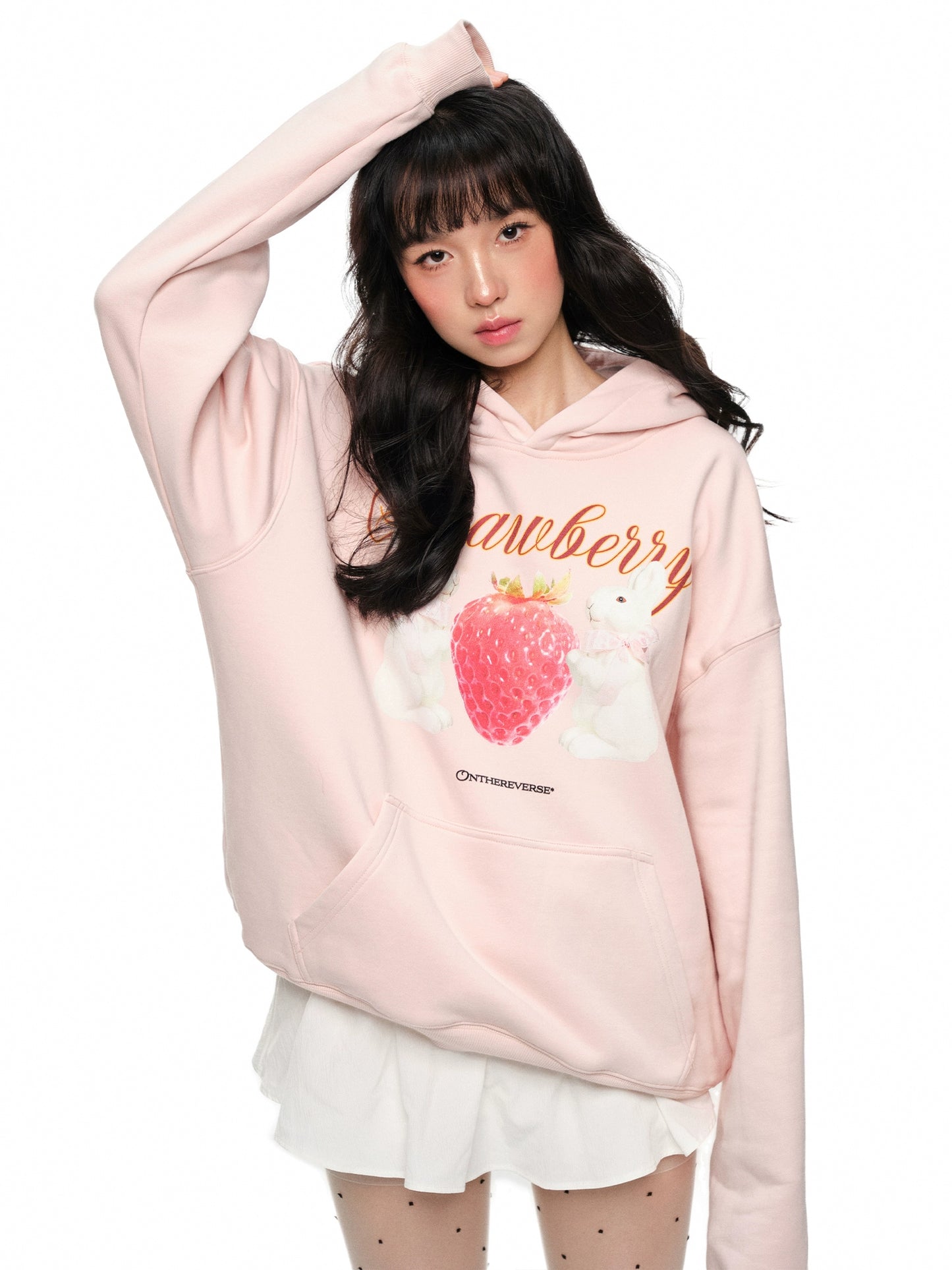 Oversize Strawberry and Bunny Print Hoodie NA6059