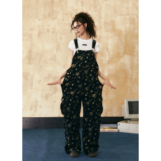 Flower Print Wide-Leg Overalls Long Pants NA2544