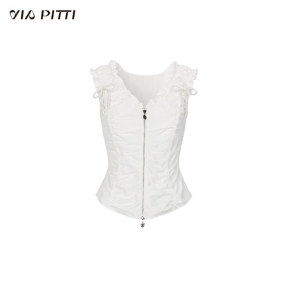 Pleated Pearl Bow Short Sleeve Shirt NA4714